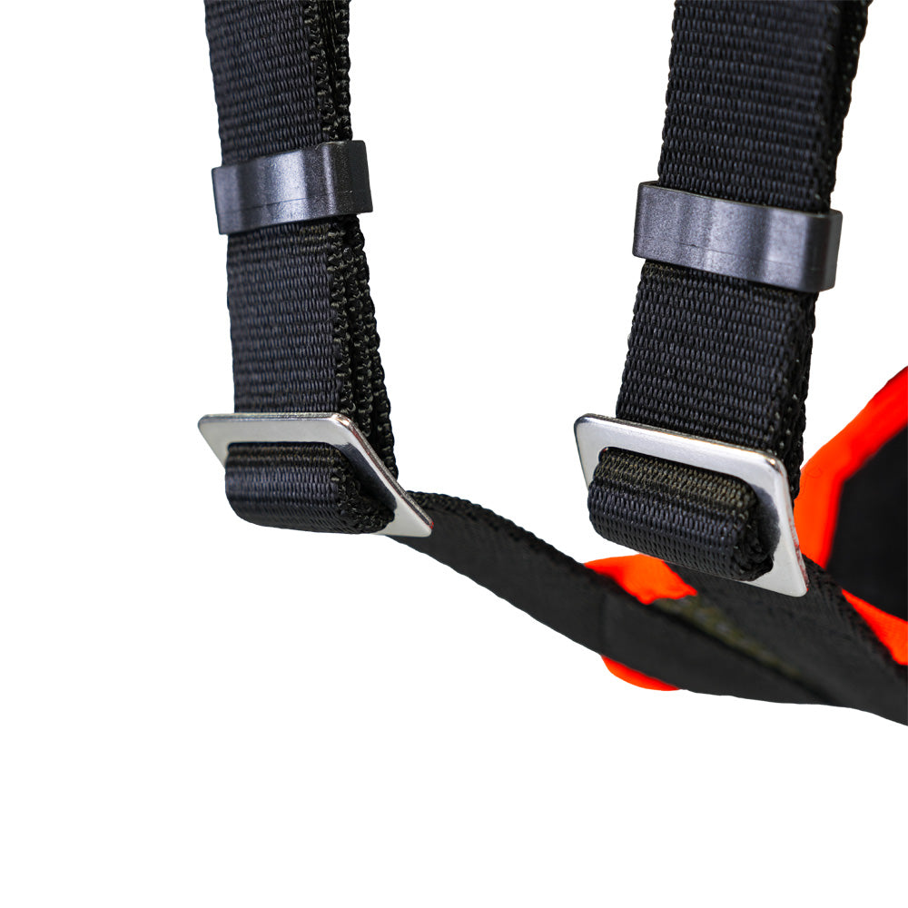 Hundegeschirr Dog`s Fun Run Autosicherheitsgeschirr Travel Xtreme, mit Karabinerset, olive-orange. Detail Bauchgurte.