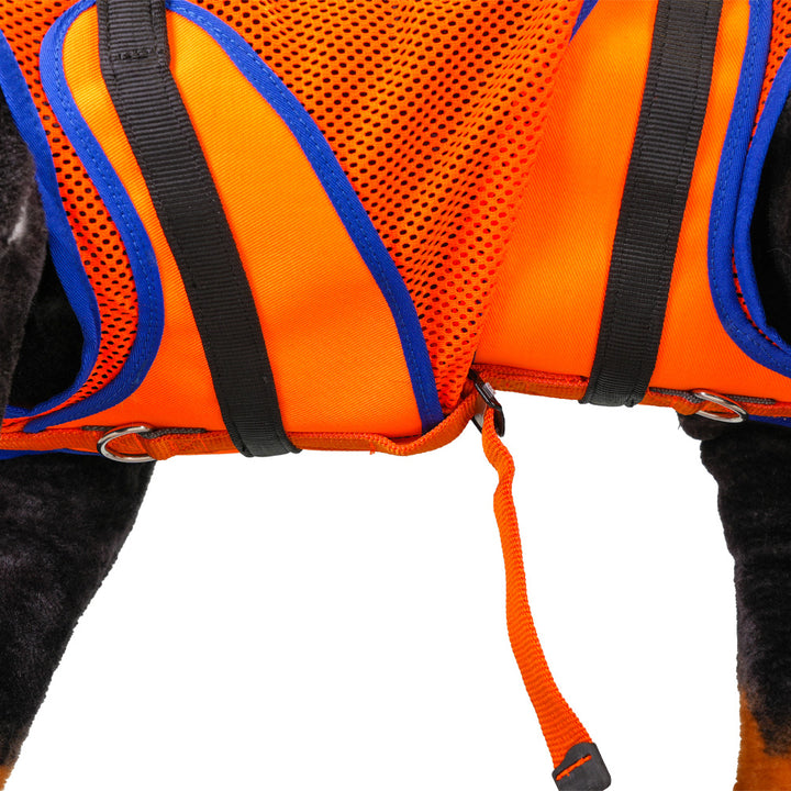 Abseiltasche für Hunde, aus Netzmaterial und Gurten. Zum Abseilen von Hunden. orange. Detail