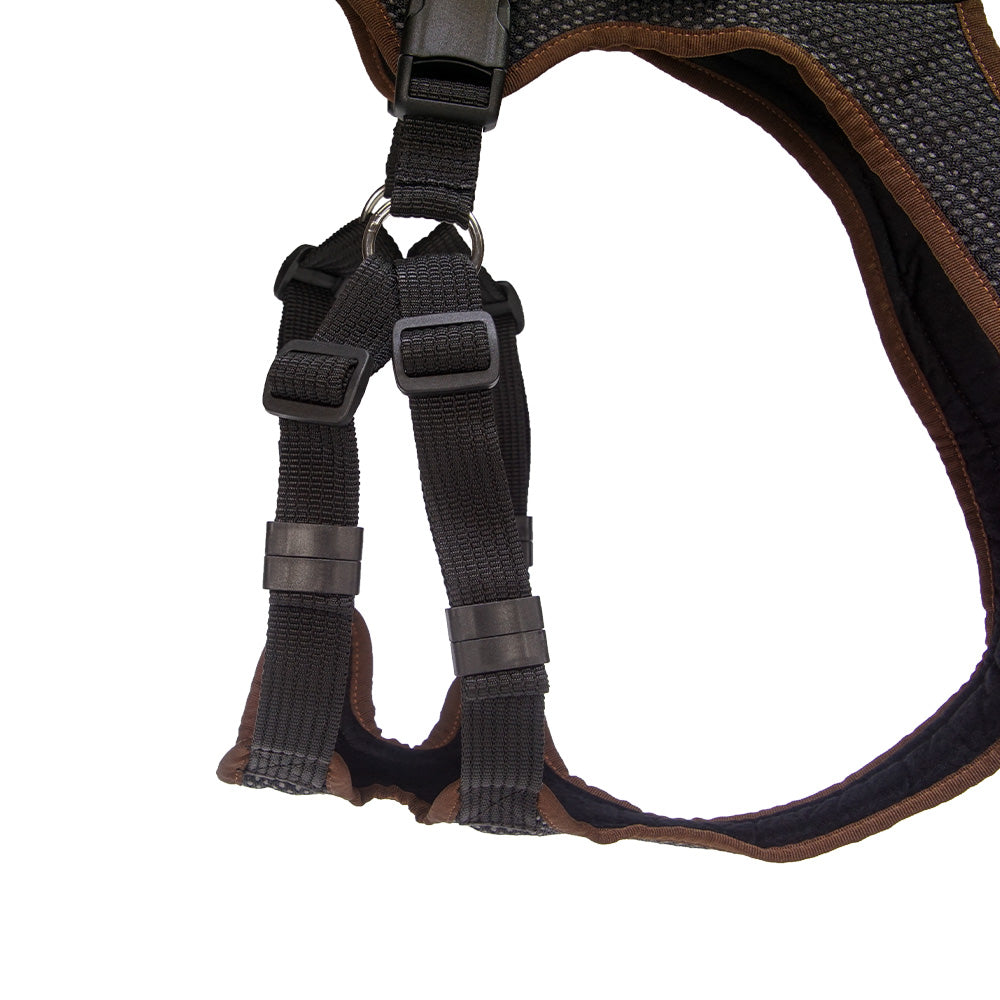 Hundegeschirr Ausbildungsgeschirr Dog`s Fun Run PROGuide, schwarz mit dunkelbrauner Einfassung. Detailansicht Bauchgurte.