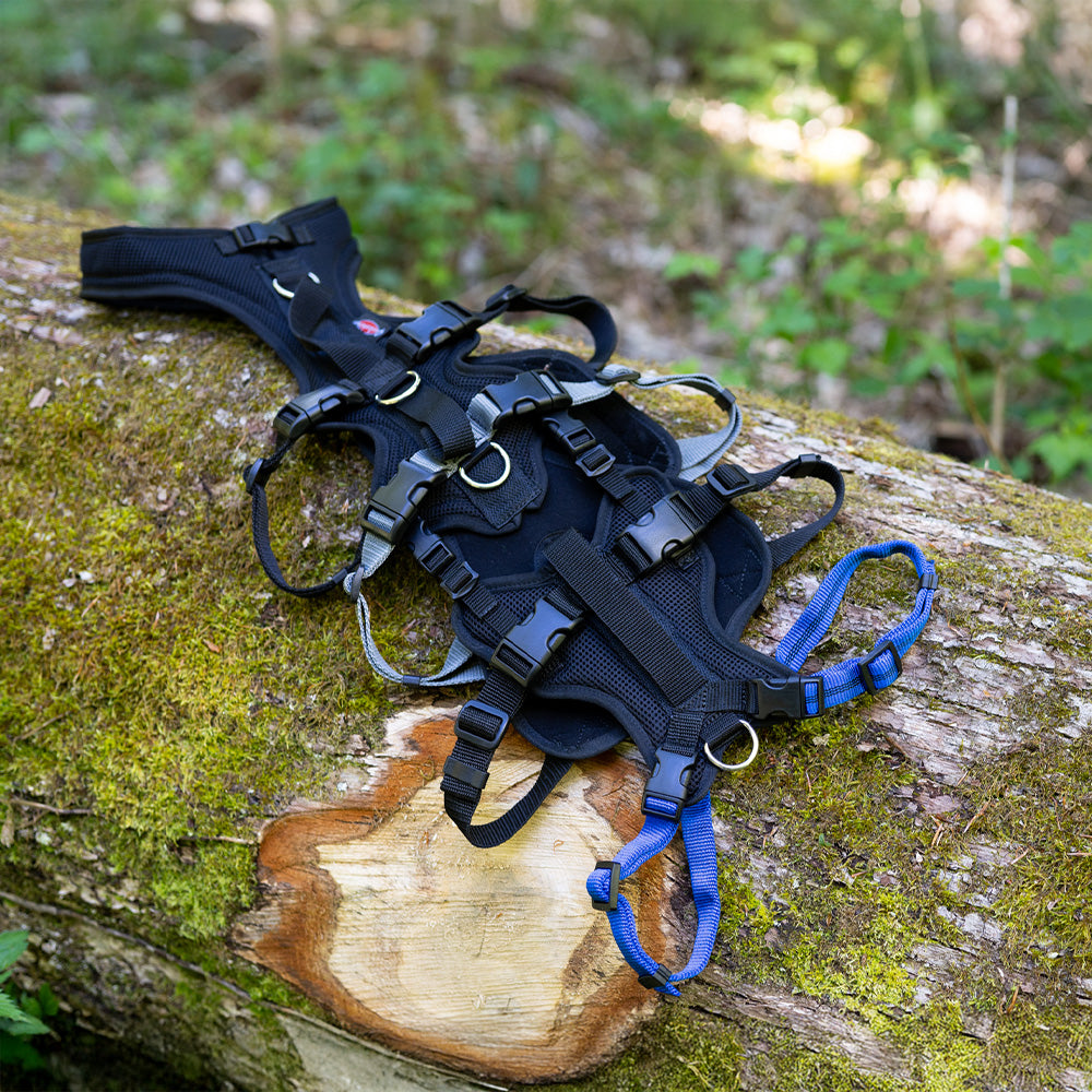 Harnais pour chien Dog`s Fun Run Support XLong, pour chiens âgés et infirmes et après une opération. Photo de détail sur tronc d'arbre.