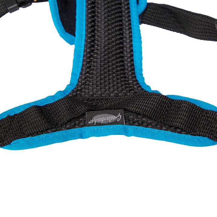 Dog harness Dog`s Fun Run car safety harness Travel, for transportation in the car. black-turquoise. Belly detail.