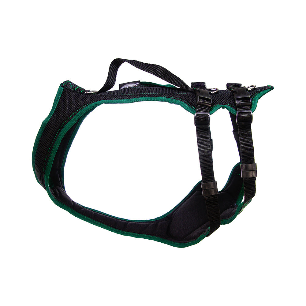 Dog`s Fun Run dog harness with optimized fit for greyhounds. black with dark green edging.