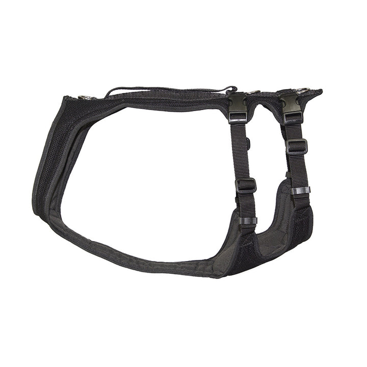 Dog`s Fun Run dog harness with optimized fit for greyhounds. black with black edging.