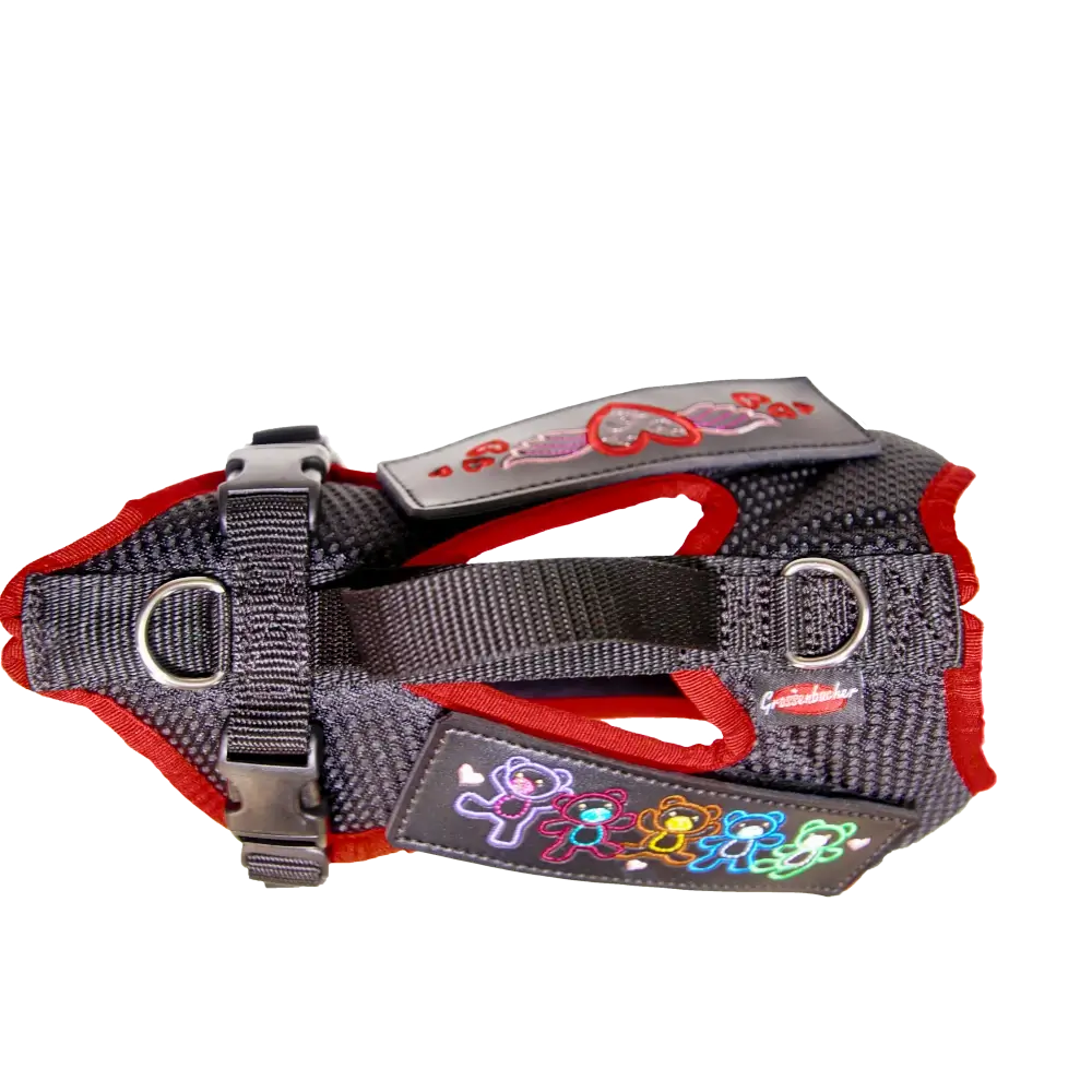 Dog harness Dog`s Fun Run Batch black, with black edging. Detail view from above.