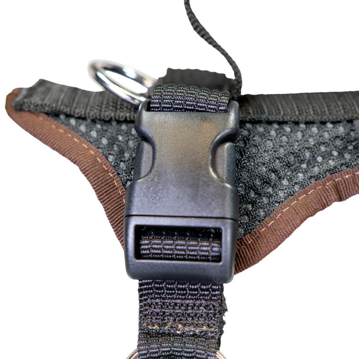 Harnais pour chien de formation Dog`s Fun Run PROGuide, noir avec liseré marron foncé. Vue détaillée des fermetures.