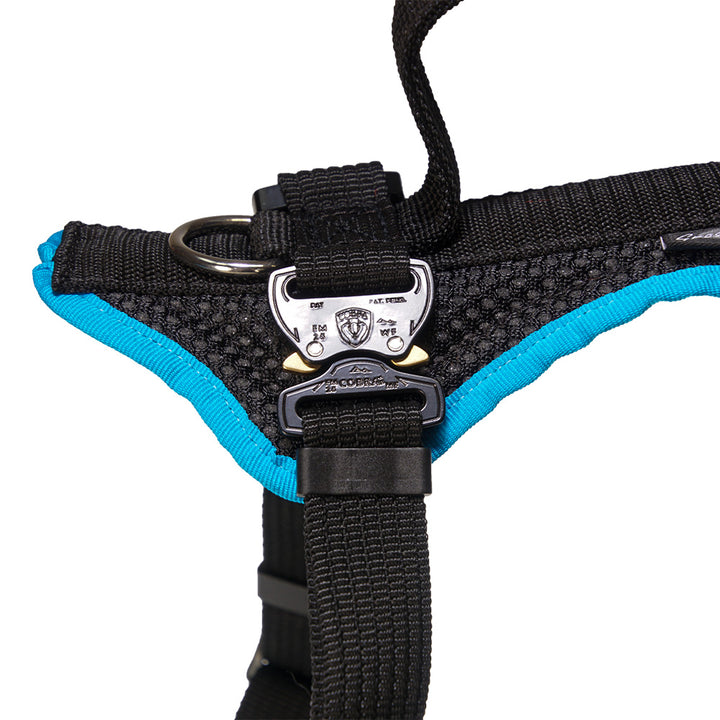 Harnais pour chien Dog`s Fun Run Harnais de sécurité pour voiture Travel, pour le transport en voiture. noir-turquoise. Détail de la fermeture COBRA