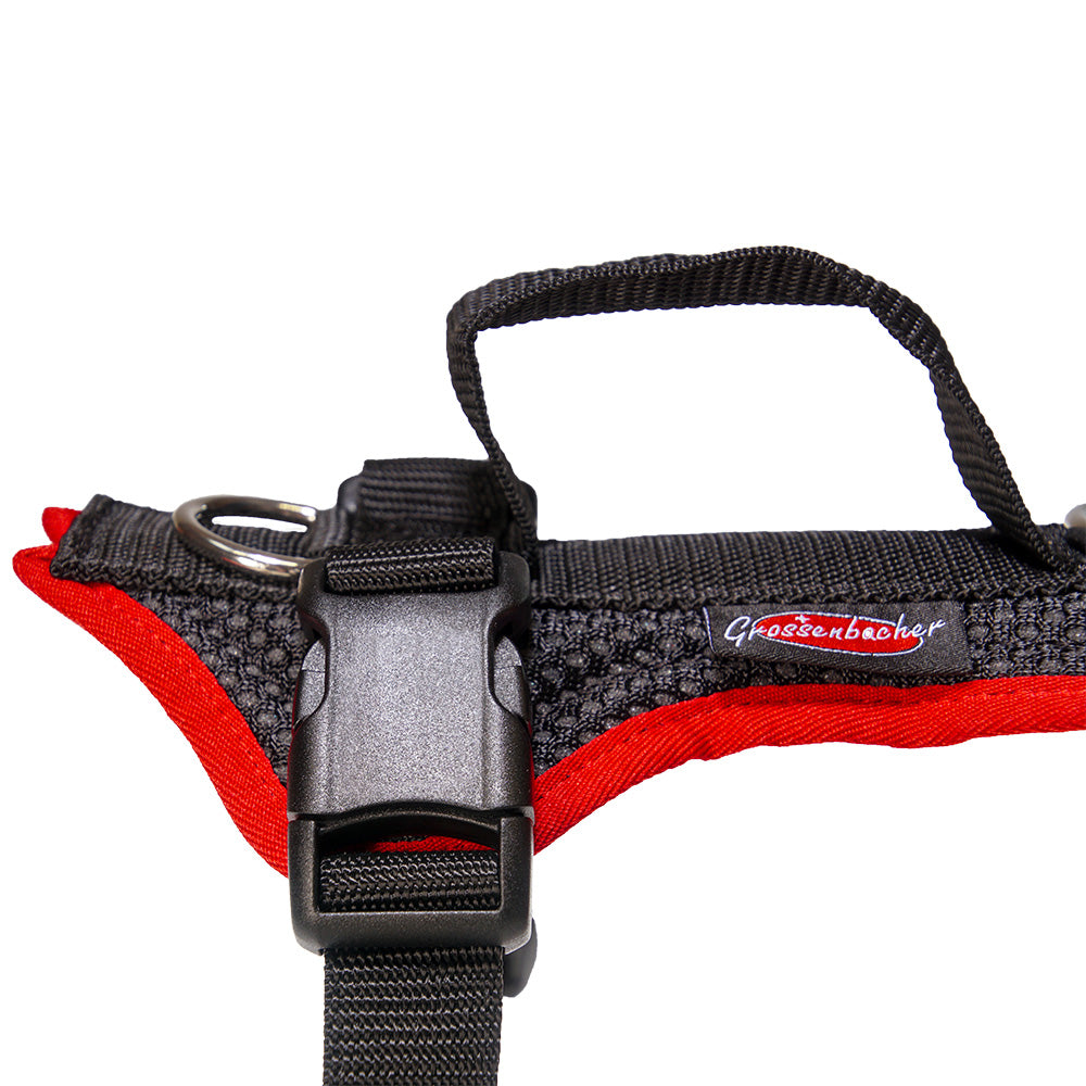 imbracatura per cani Dog`s Fun Run imbracatura per cani Standard, nero-rosso. made in Switzerland. Dettaglio chiusura a spina.