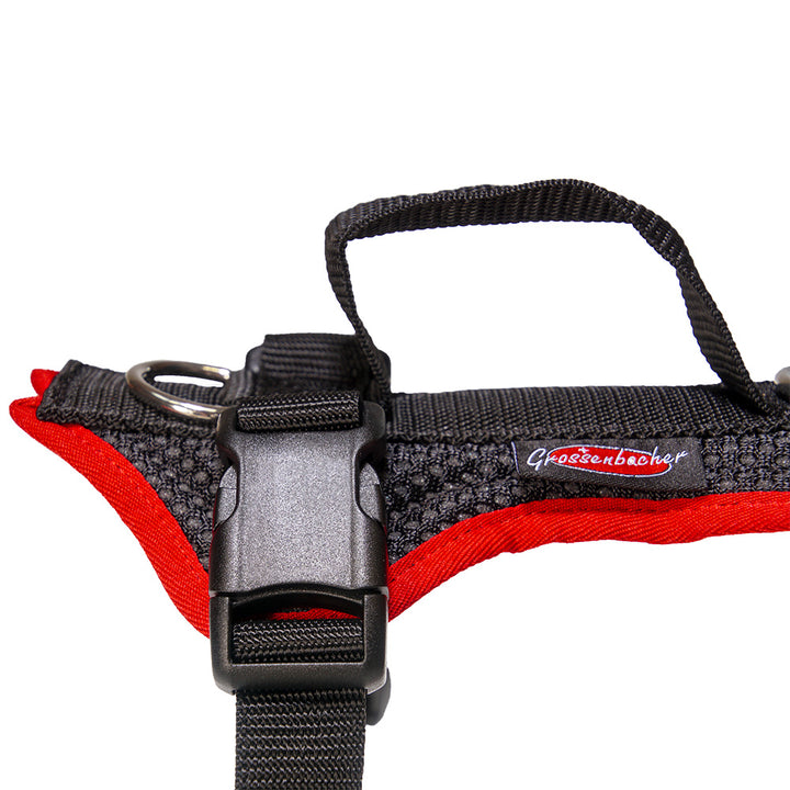 imbracatura per cani Dog`s Fun Run imbracatura per cani Standard, nero-rosso. made in Switzerland. Dettaglio chiusura a spina.