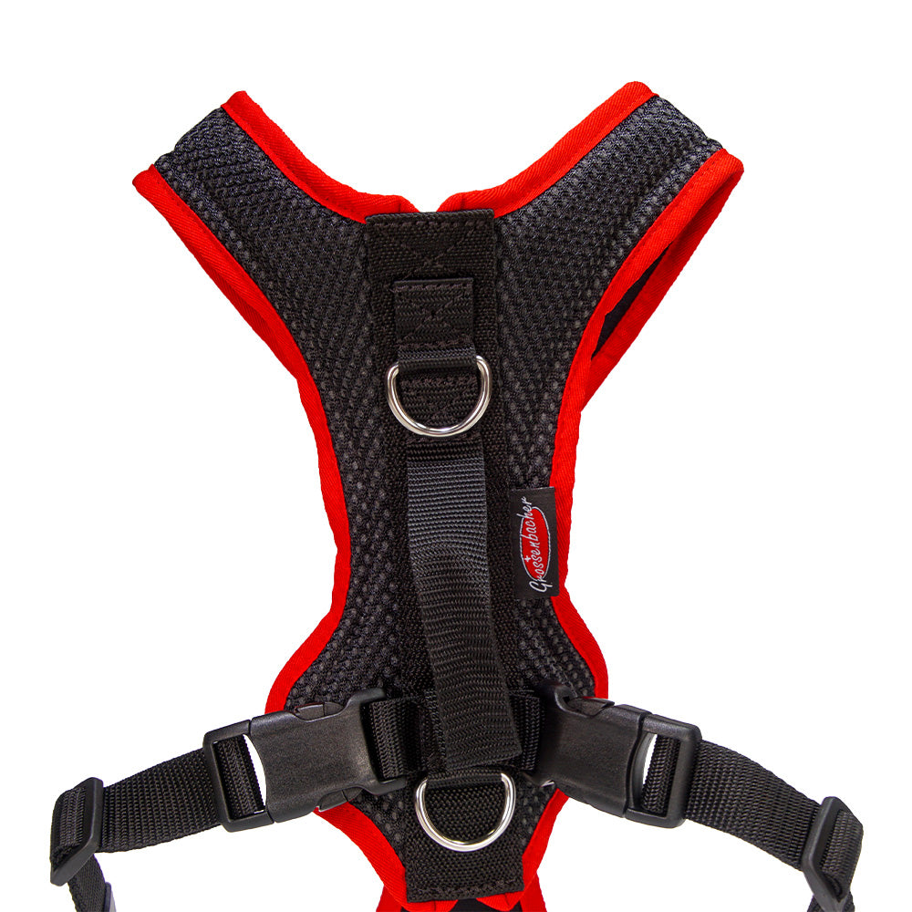 imbracatura per cani Dog`s Fun Run imbracatura per cani Standard, nero-rosso. made in Switzerland. Dettaglio dorso