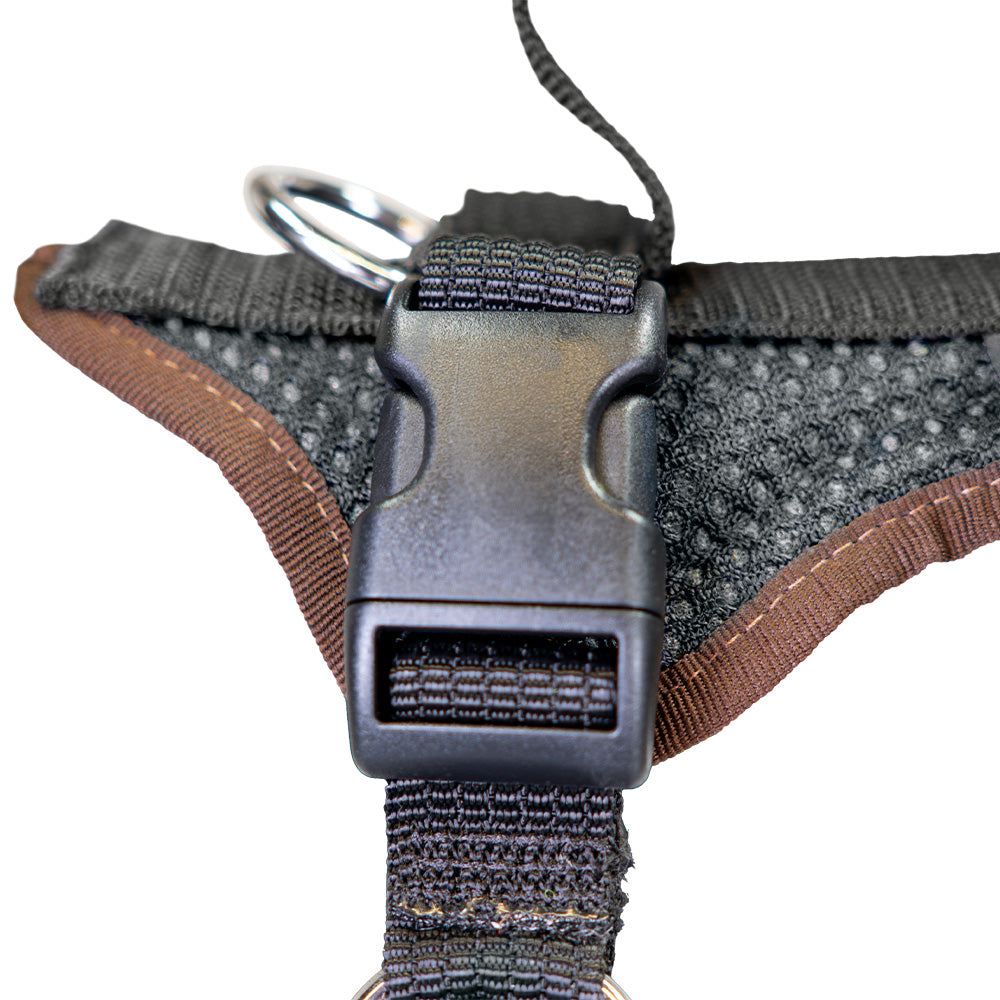 imbracatura per cani da addestramento Dog`s Fun Run PROGuide, nera con bordi marrone scuro. Vista dettagliata delle fibbie.