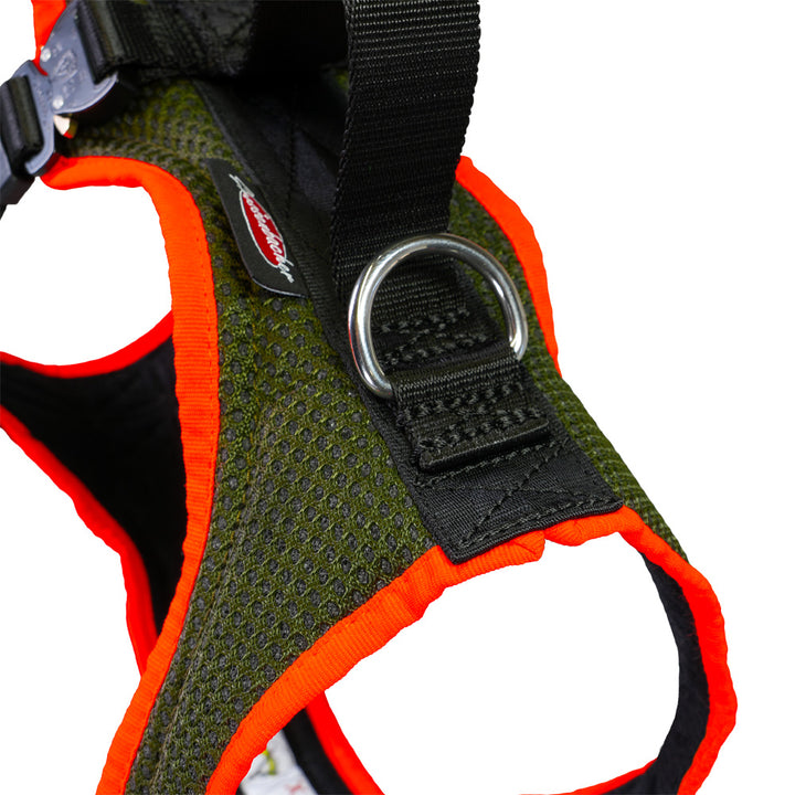 imbracatura per cani Dog`s Fun Run per auto Travel Xtreme, con set di moschettoni, arancione oliva. Dettaglio collo.