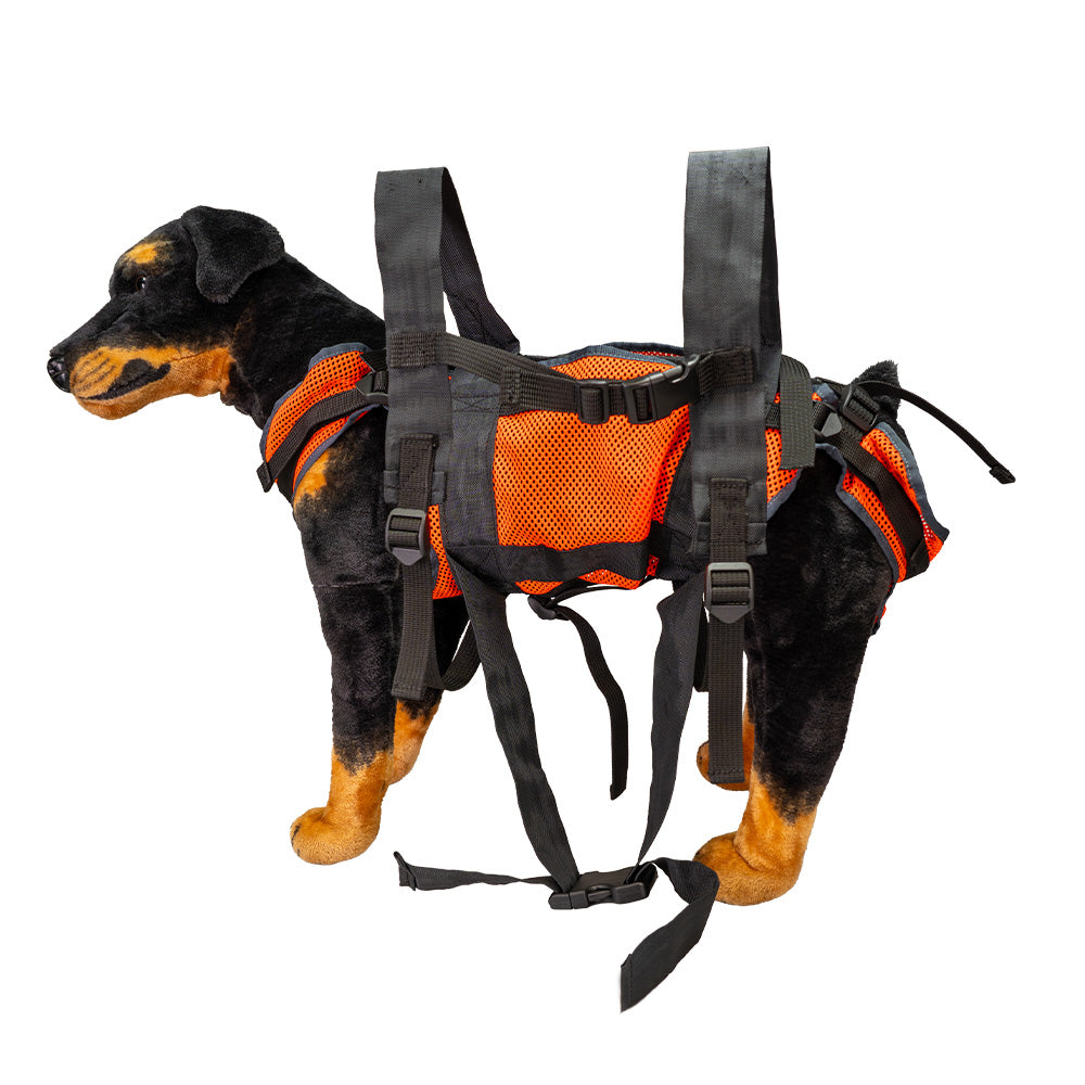 Zaino da trasporto per cani, realizzato in materiale a rete permeabile all'aria e con robuste cinghie. Visualizza gli spallacci